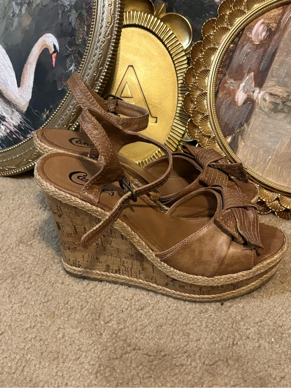 Coach Brown Cork Platform Wedge Sandals with Bow